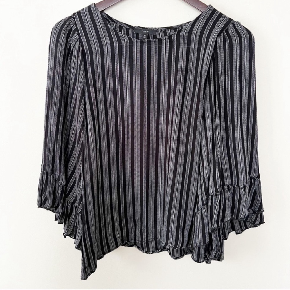 Drew Ruffle Bell Sleeve Striped Blouse Size Medium Black/White Statement Sleeves